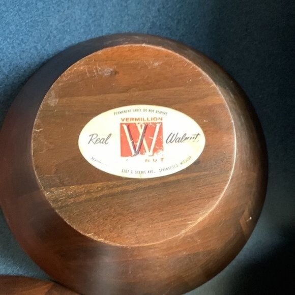 Mid-Century Modern Vermillion Real Walnut 7-Piece Salad Bowl Set With Serving Ut - Picture 2 of 12